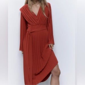 Zara Pleated Tie Front Burnt Orange Midi Dress Size S NWT